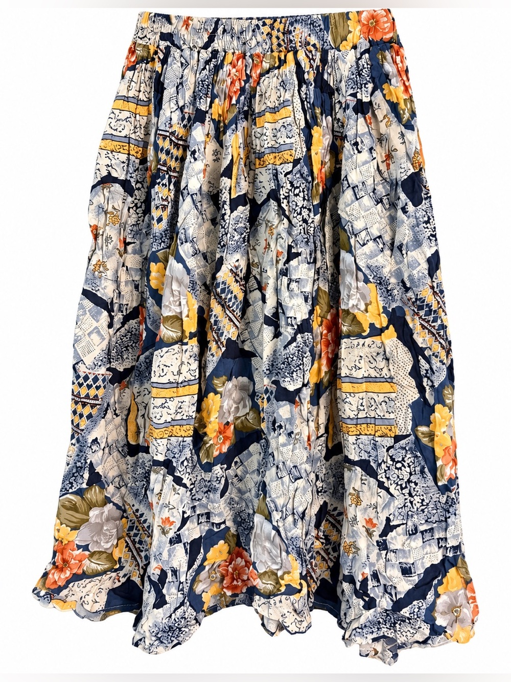 Vintage Lipstick - Floral Patchwork Midi Skirt - Navy & Yellow Size S